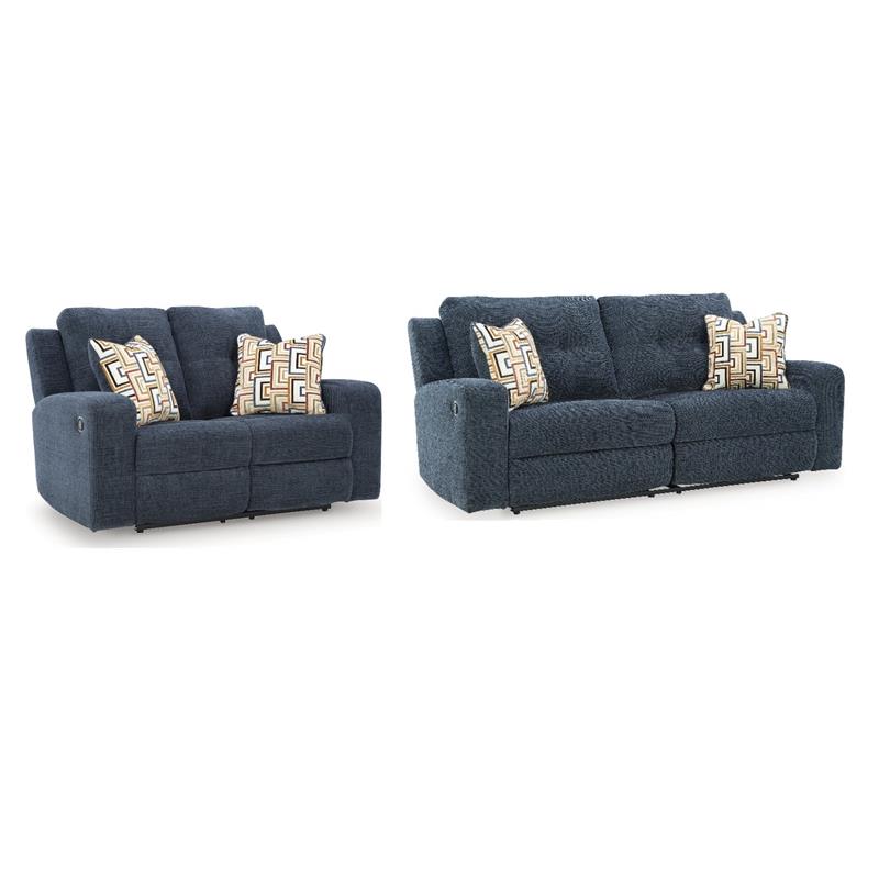 Bowery Hill Reclining Sofa and Loveseat Set in Blue Polyester
