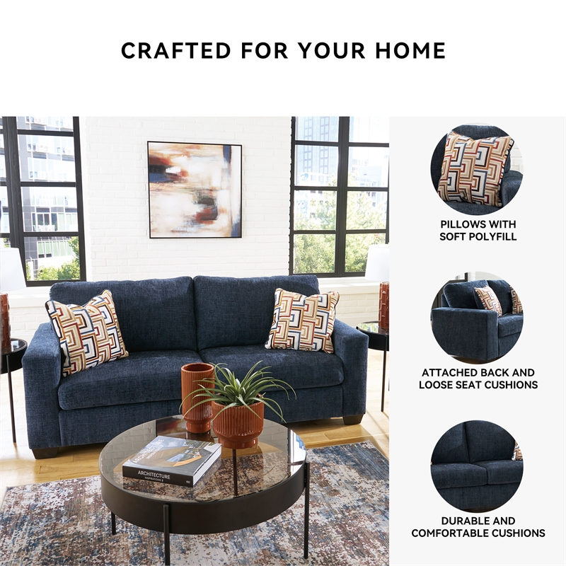 Bowery Hill Loveseat & Sofa Set in Navy Blue Polyester
