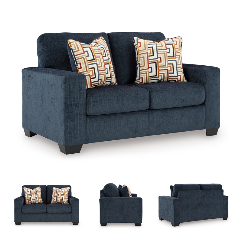 Bowery Hill Loveseat & Sofa Set in Navy Blue Polyester