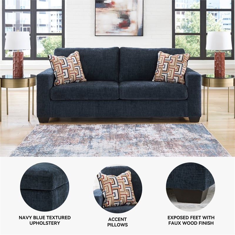 Bowery Hill Loveseat & Sofa Set in Navy Blue Polyester