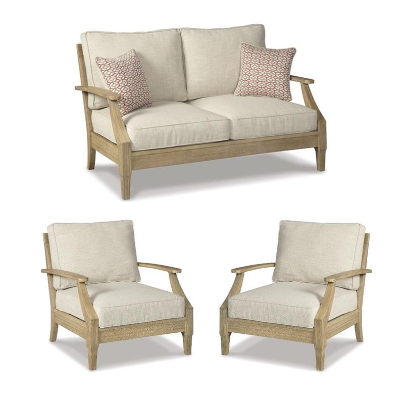 Bowery Hill Outdoor Patio Set of 2 Arm Chairs and Loveseat in Beige