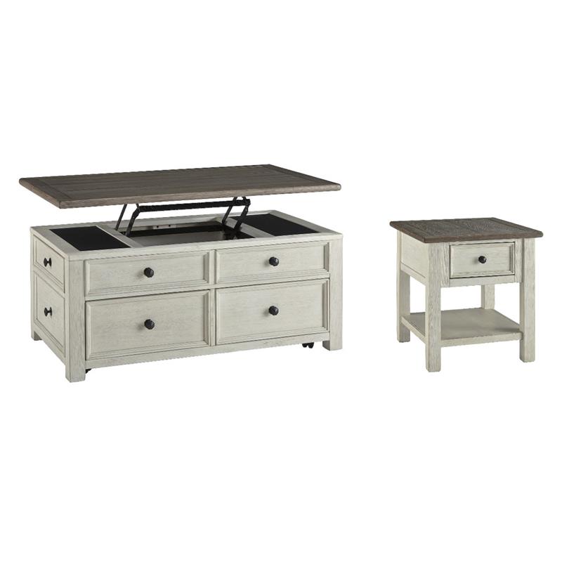 Bowery Hill 2-Piece Antique White & Weathered Oak Living Room Table Set