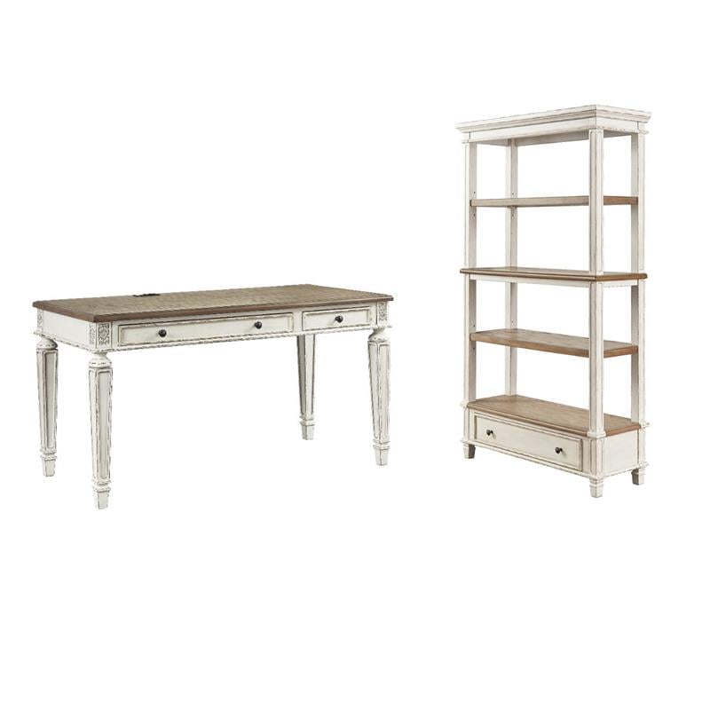 Bowery Hill 2-Piece Home Office Set of Desk & Bookcase in White & Brown