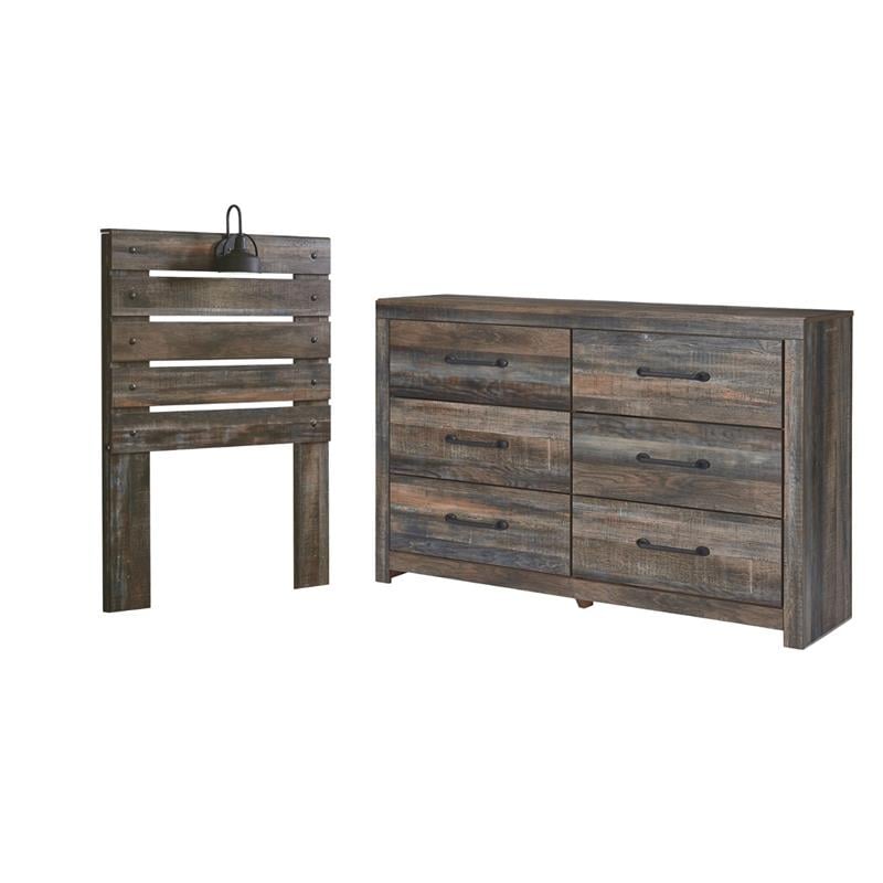 Bowery Hill Rustic Industrial Twin Headboard & 6-Drawer Dresser Set