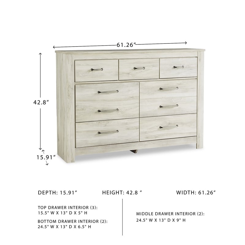 Bowery Hill 2-Piece Set of 7-Drawer Dresser & King Panel Headboard in Whitewash