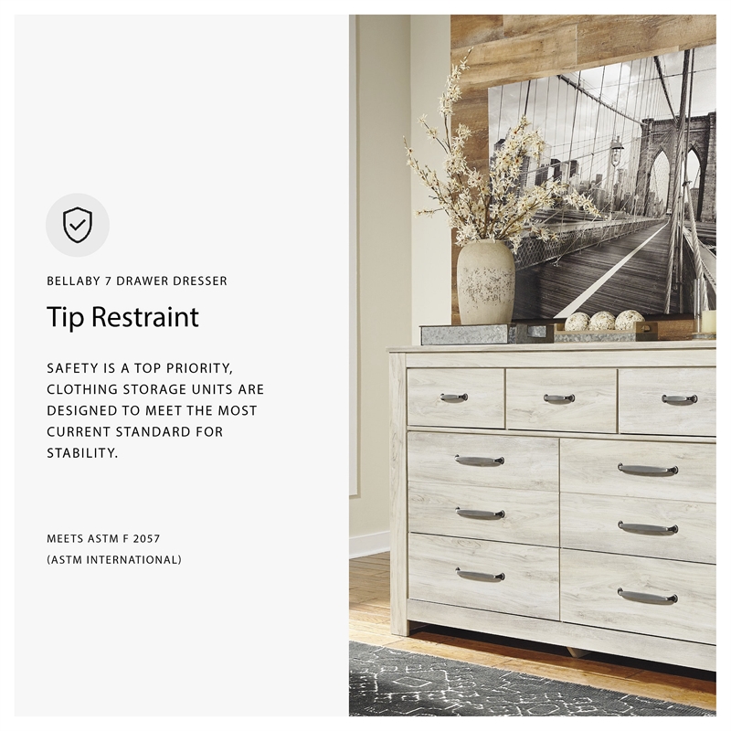 Bowery Hill Set of 7-Drawer Dresser & Queen Panel Headboard in Whitewash