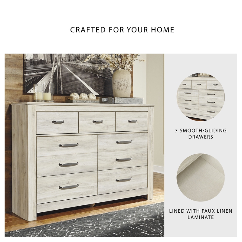 Bowery Hill Set of 7-Drawer Dresser & Queen Panel Headboard in Whitewash