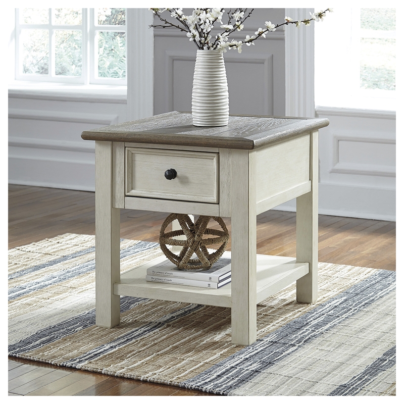 Bowery Hill 2-Piece End Table Set in Antique White and Weathered Oak