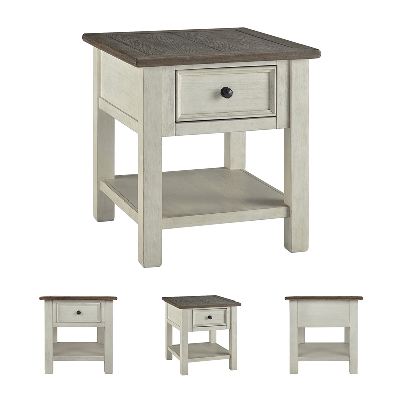 Bowery Hill 2-Piece End Table Set in Antique White and Weathered Oak