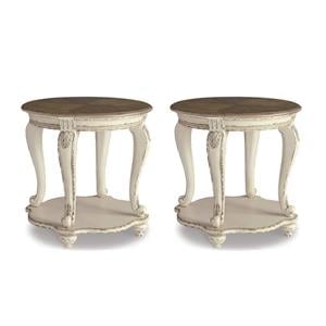 Bowery Hill Cottage Set of 2 Round End Tables in Chipped White and Brown