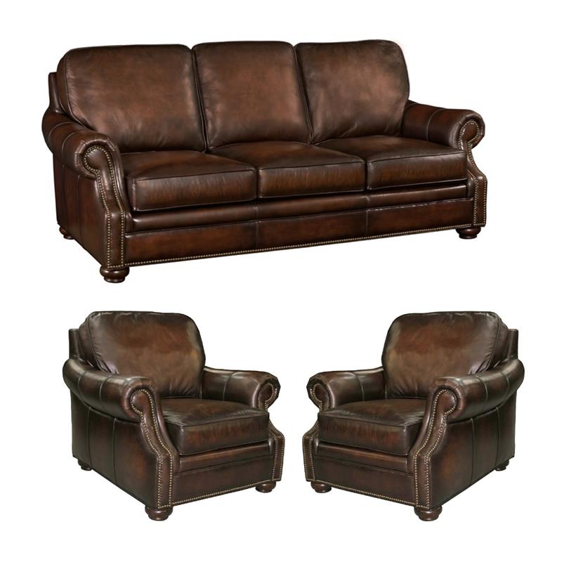 Bowery Hill Living Room Set of Leather Sofa & 2 Club Chairs in Dark Brown