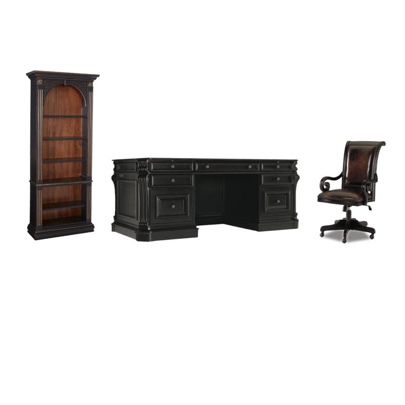 Bowery Hill 3-Piece Office Set of Bookcase, Executive Desk, & Tilt Swivel Chair