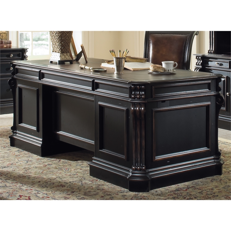 Bowery Hill Executive Desk & Office Leather Chair Set in Black