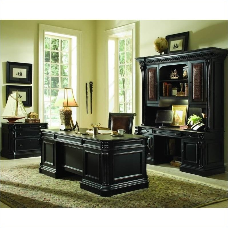 Bowery Hill Executive Desk & Office Leather Chair Set in Black