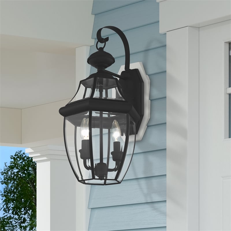 Bowery Hill Contemporary 2-Light Brass Outdoor Wall Lantern in Black