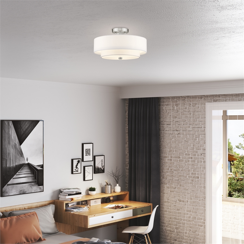 Bowery Hill 3-Light Metal & Fabric Ceiling Mount in Brushed Nickel