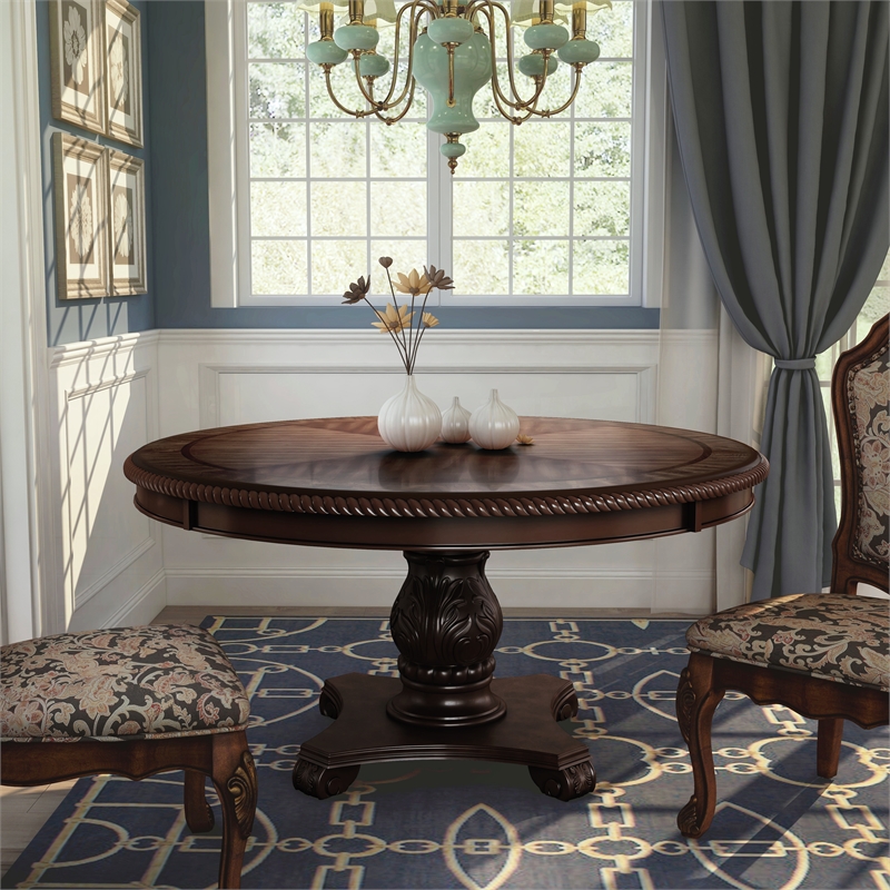 Bowery Hill Traditional Wood Pedestal Dining Table in Brown Cherry