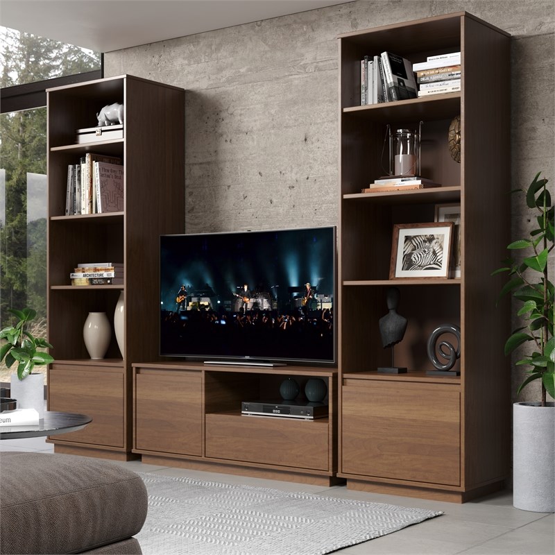 Bowery Hill Mid-Century Bookcase Set of 3 in Walnut with Adjustable Shelves