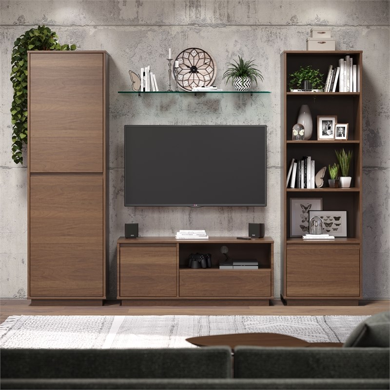Bowery Hill Mid-Century Bookcase Set of 3 in Walnut with Adjustable Shelves