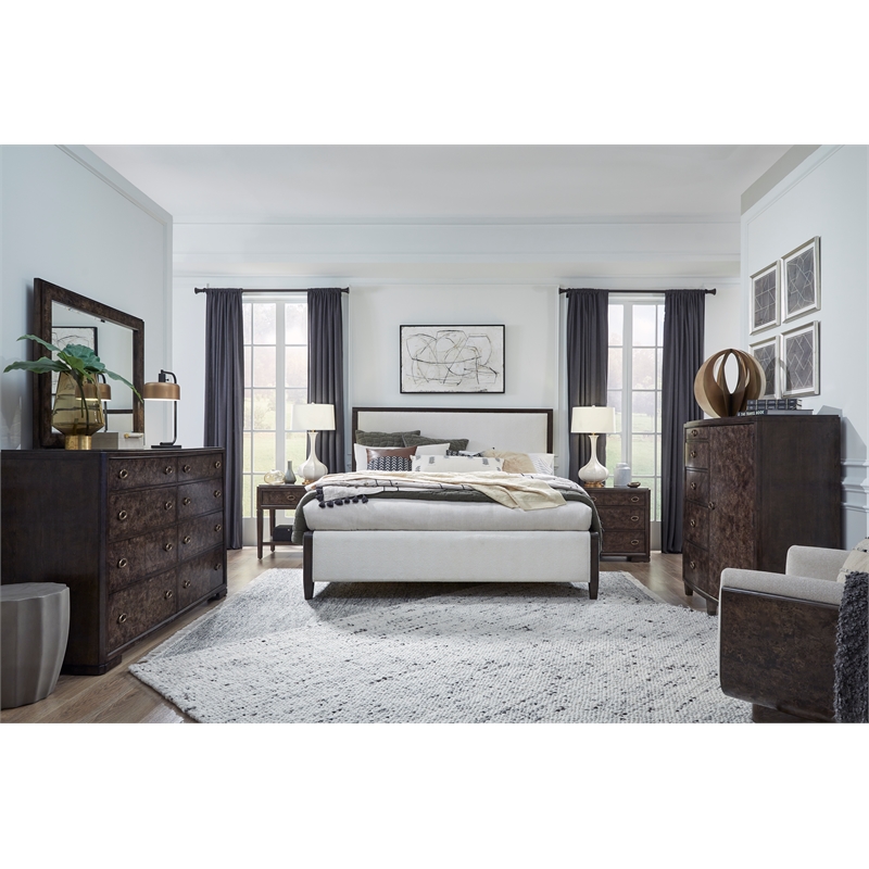 Bowery Hill Queen Upholstered Panel Bed in Espresso With Metal Caps