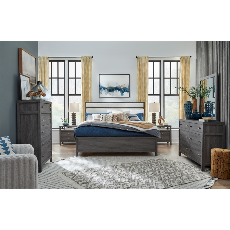 Bowery Hill Contemporary King Upholstered Panel Bed in Raisin Black