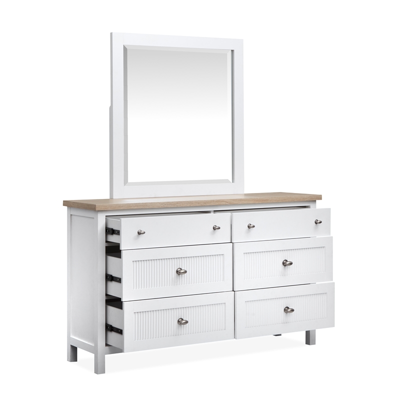 Bowery Hill 6-Drawer Dresser With Portrait Mirror in White Whisp and Sand