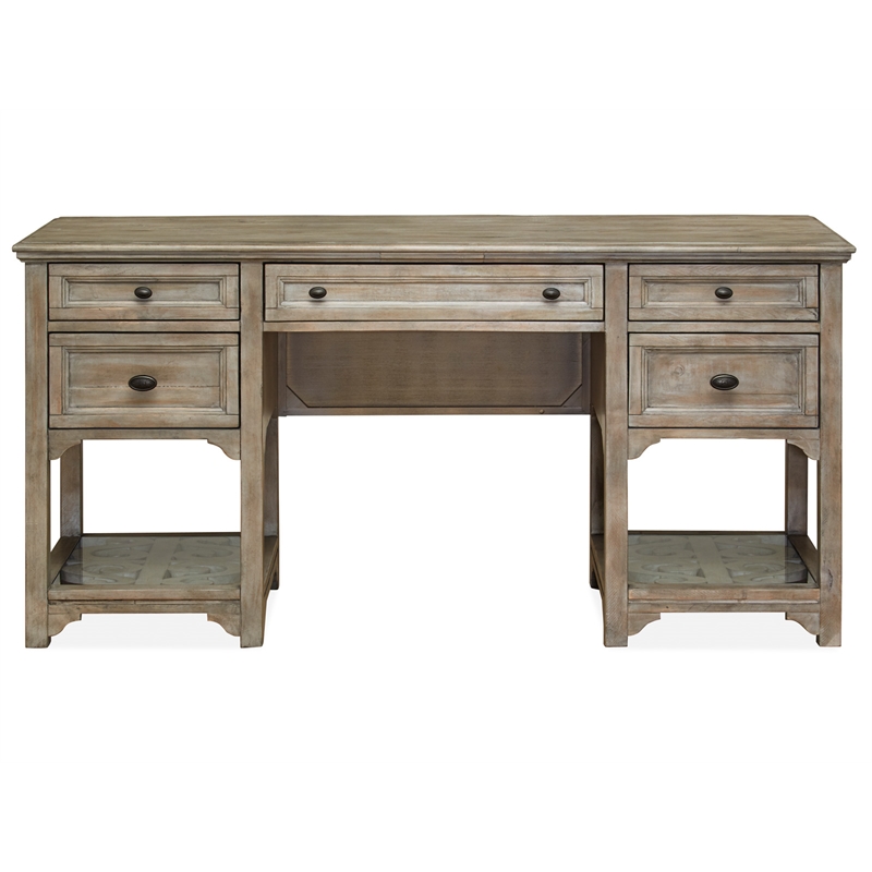 Bowery Hill 4-Drawer Executive Desk With Glass Shelves in Dovetail Grey