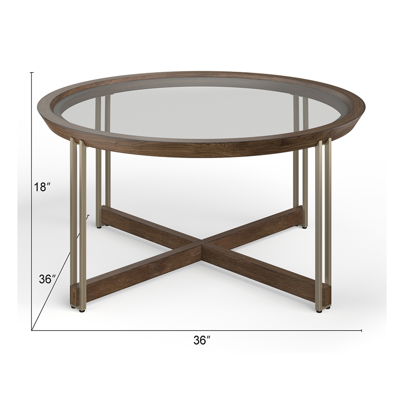 Bowery Hill Glass Top Round Cocktail Table in Walnut and Tarnished Silver