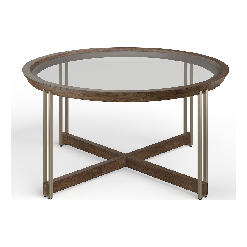 Bowery Hill Glass Top Round Cocktail Table in Walnut and Tarnished Silver