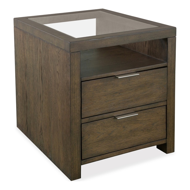 Bowery Hill Glass Top Rectangular End Table With Drawer in Homestead Brown