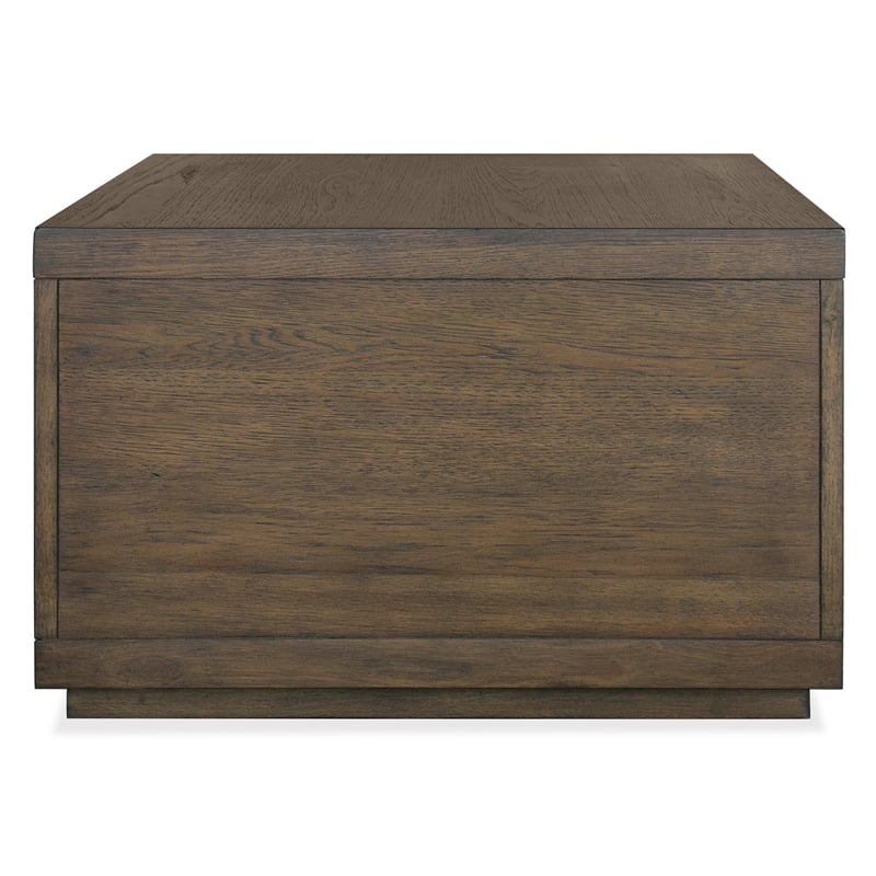 Bowery Hill Glass Top Cocktail Table With Drawer and Casters in Homestead Brown