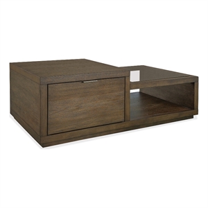 Bowery Hill Glass Top Cocktail Table With Drawer and Casters in Homestead Brown
