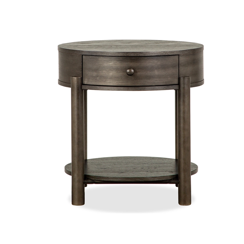 Bowery Hill Round End Table With Drawer and Shelf in Coffee Bean