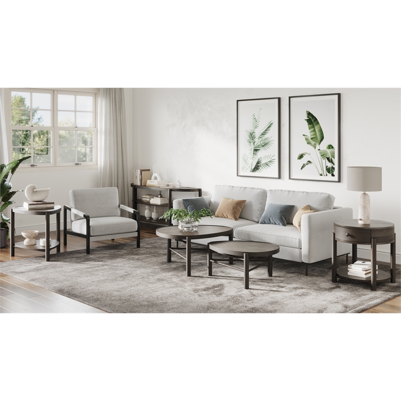 Bowery Hill Round End Table With Drawer and Shelf in Coffee Bean
