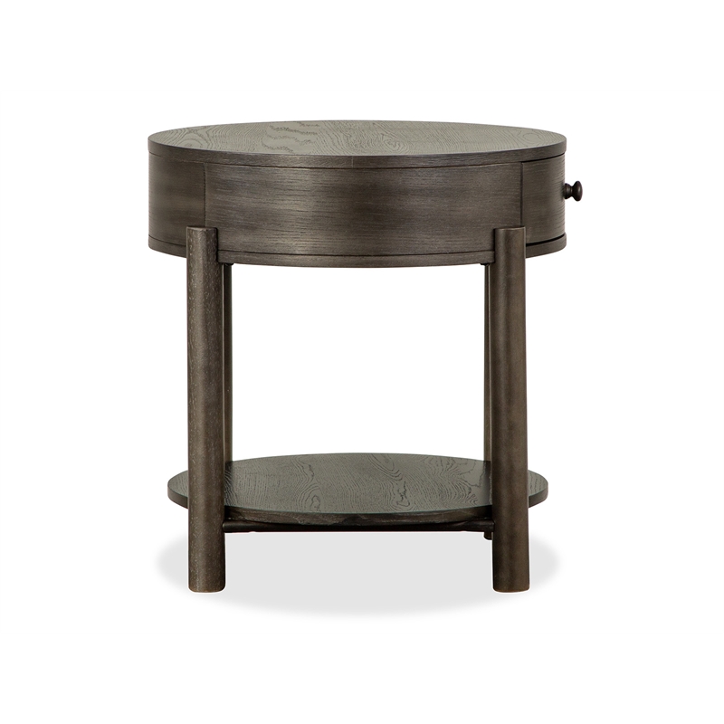 Bowery Hill Round End Table With Drawer and Shelf in Coffee Bean