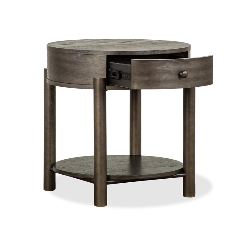 Bowery Hill Round End Table With Drawer and Shelf in Coffee Bean