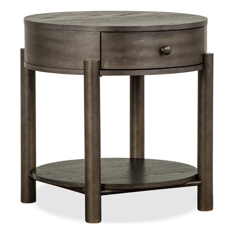 Bowery Hill Round End Table With Drawer and Shelf in Coffee Bean