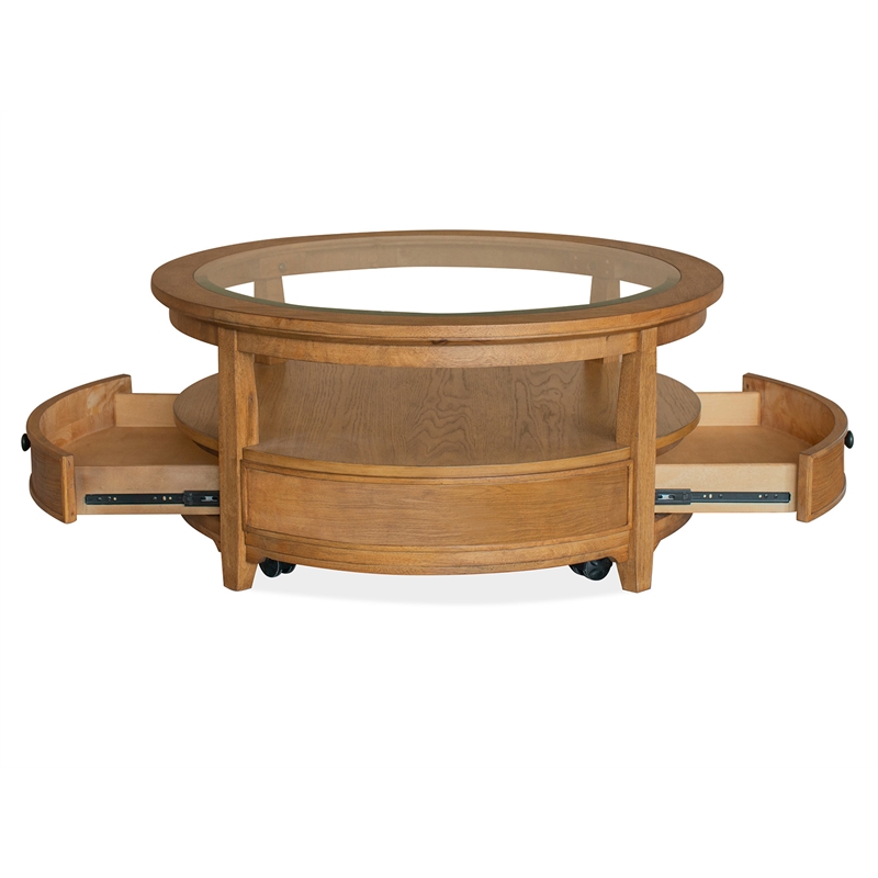 Bowery Hill Glass Top Round Cocktail Table With Drawers and Casters in Brown
