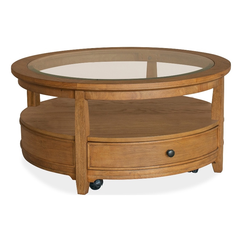Bowery Hill Glass Top Round Cocktail Table With Drawers and Casters in Brown