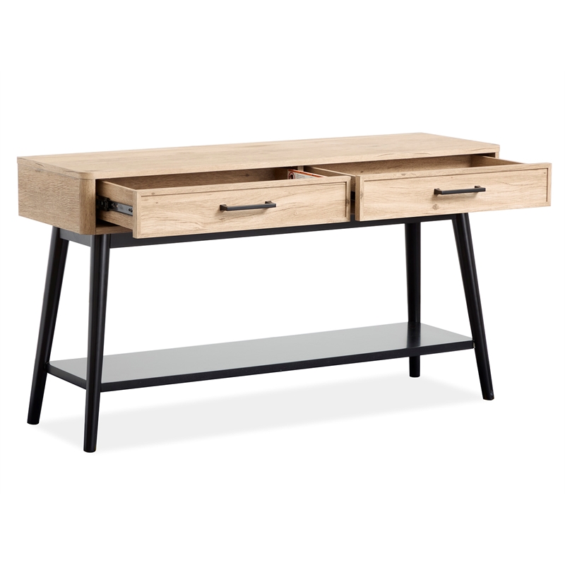 Bowery Hill Rectangular Sofa Table With Drawers and Shelf in Driftwood