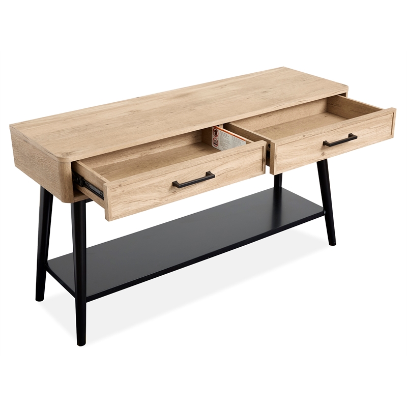 Bowery Hill Rectangular Sofa Table With Drawers and Shelf in Driftwood