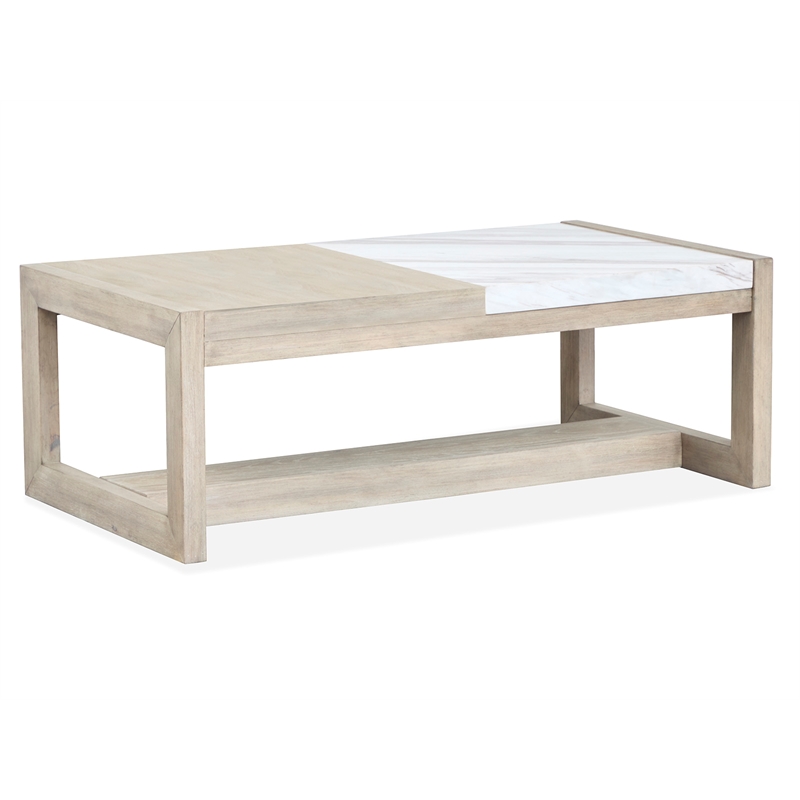 Bowery Hill Marble and Wood Rectangular Cocktail Table With Tray in Gallery Buff