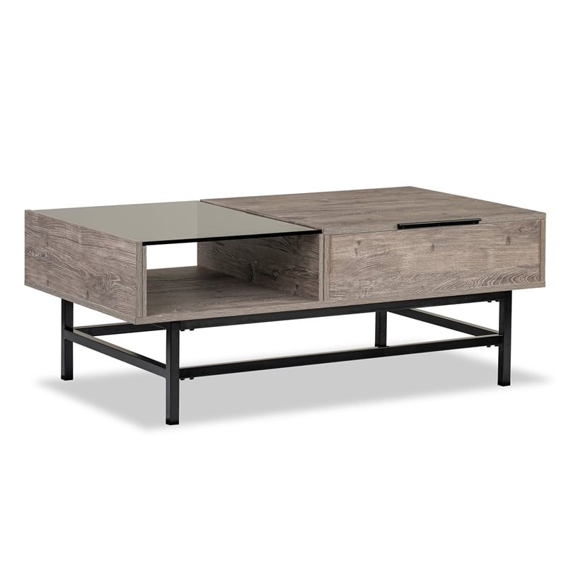 Bowery Hill Lift Top Cocktail Table With Glass and Drawer in Whitetail Brown