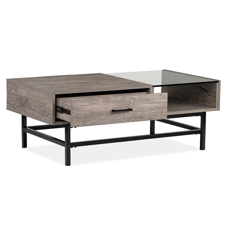 Bowery Hill Lift Top Cocktail Table With Glass and Drawer in Whitetail Brown