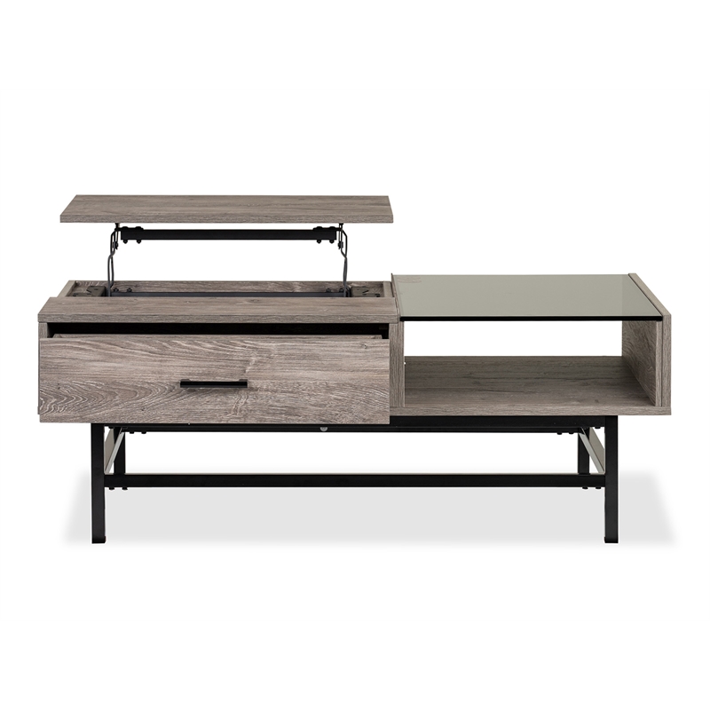 Bowery Hill Lift Top Cocktail Table With Glass and Drawer in Whitetail Brown