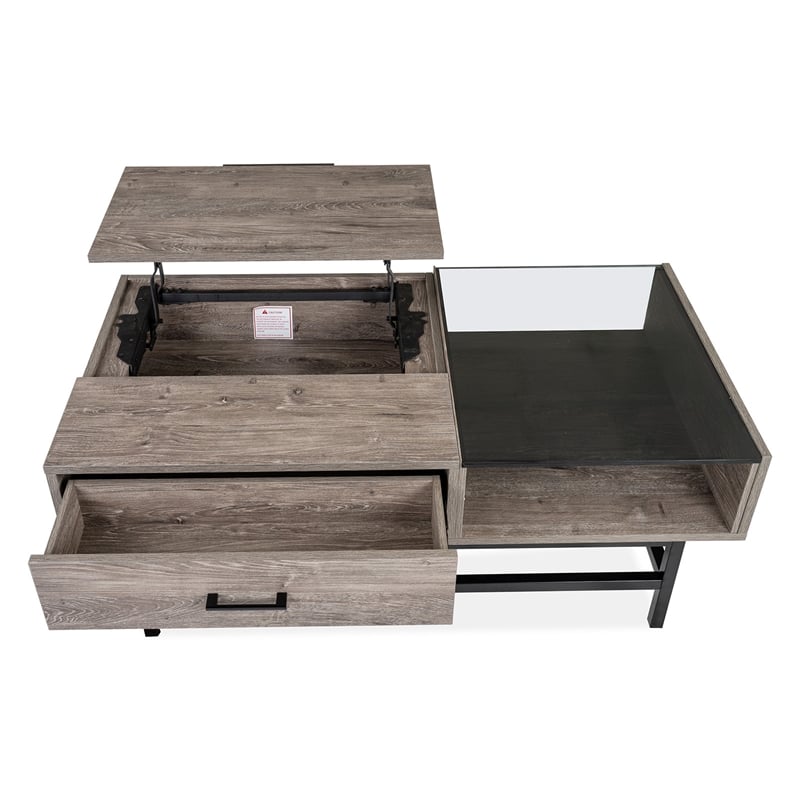 Bowery Hill Lift Top Cocktail Table With Glass and Drawer in Whitetail Brown