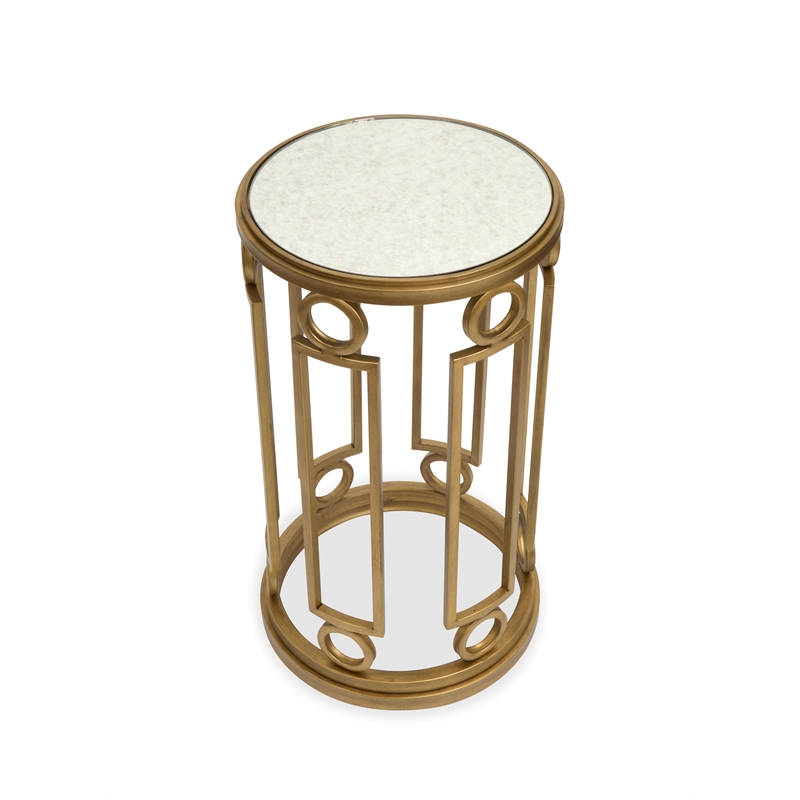 Bowery Hill Glass Top Round Accent Table With Metal Base in Burnished Brass