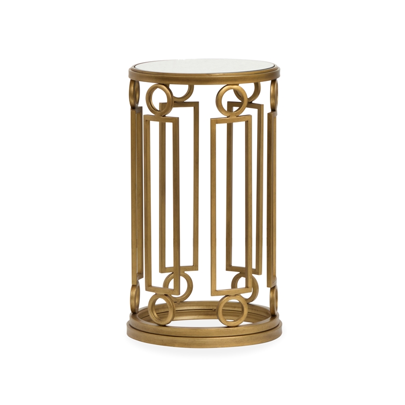 Bowery Hill Glass Top Round Accent Table With Metal Base in Burnished Brass