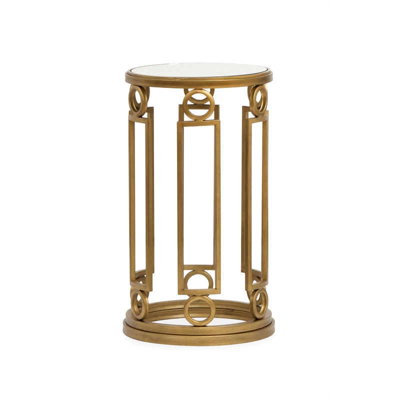 Bowery Hill Glass Top Round Accent Table With Metal Base in Burnished Brass