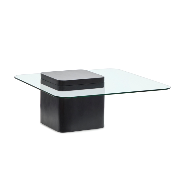 Bowery Hill Glass Top Square Cocktail Table With Concrete Base in Obsidian